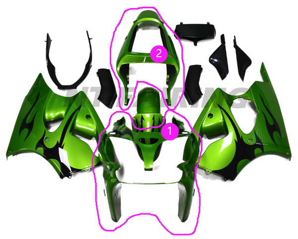 Aftermarket ABS Plastic Front Fairing And Tail Fairing Fit for ZX6R 2000-2002 Green Black