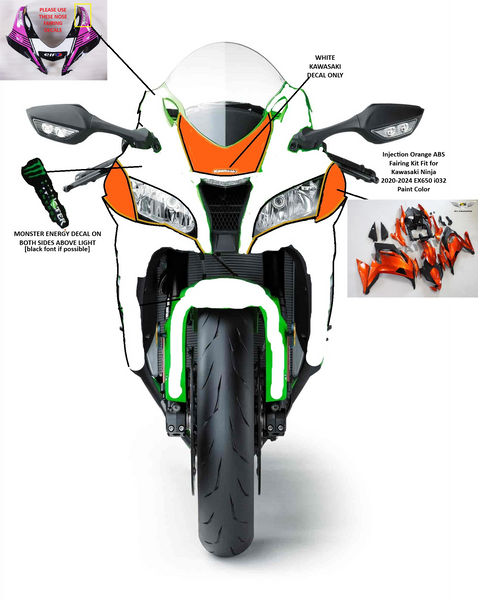 Custom Fairing White and orange Fit for  Ninja 2016-2019 ZX10R With Full Tank Cover