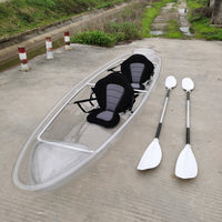 Two-seater Clear Kayak / Transparent boat / Clear Canoe / See through Kayak with aluminum frame, foam seat and white paddle.