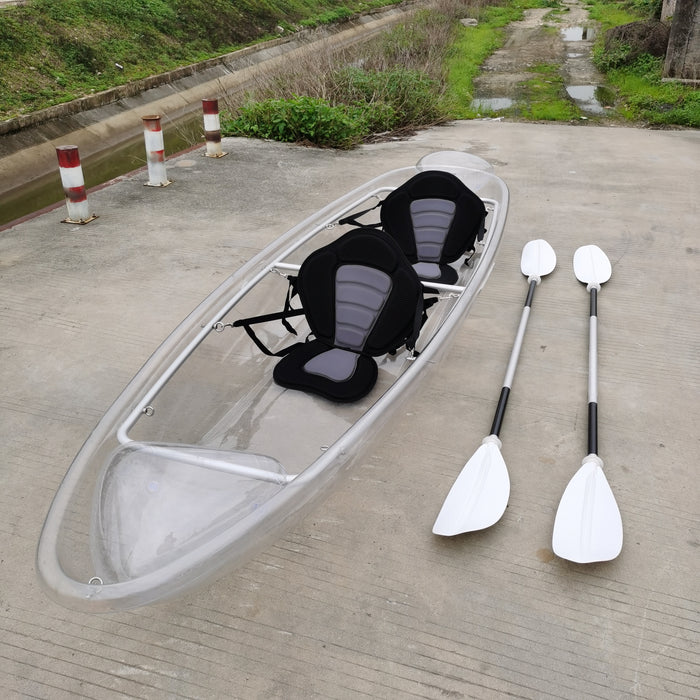 Two-seater Clear Kayak / Transparent boat / Clear Canoe / See through Kayak with aluminum frame, foam seat and white paddle.