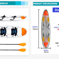 Two-seater Clear Kayak / Transparent boat / Clear Canoe / See through Kayak with aluminum frame, foam seat and white paddle.