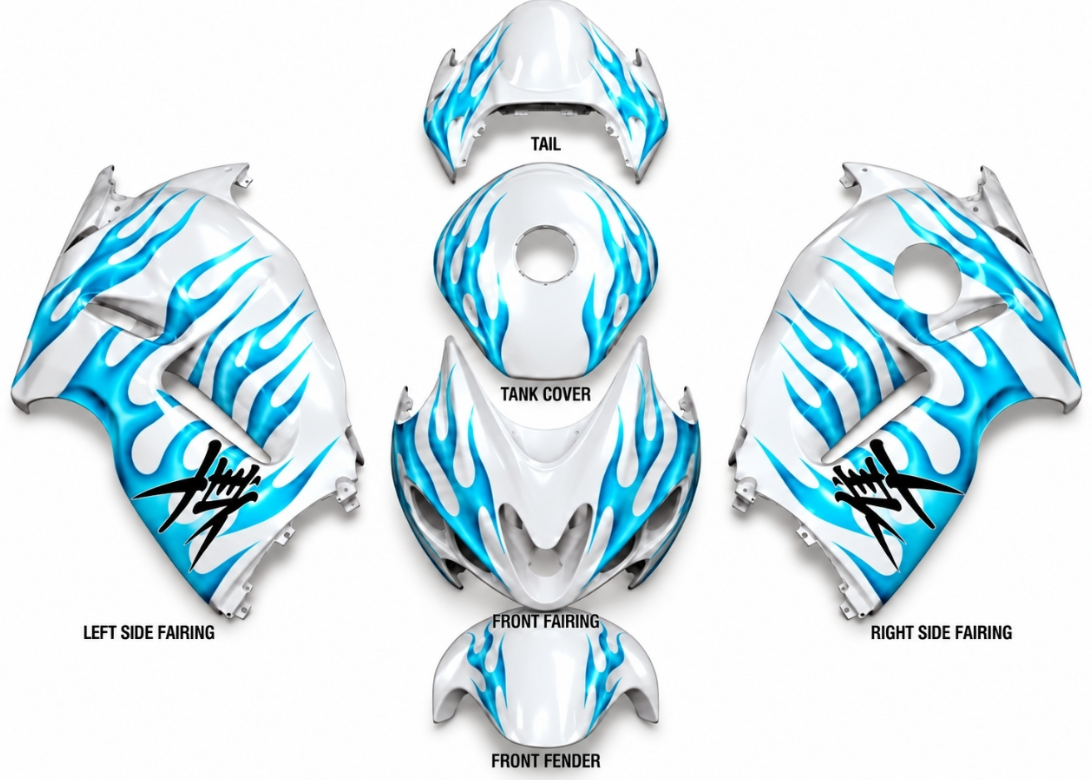 NT Fairing Fit for Suzuki 1999-2007 Hayabusa GSXR 1300 N0005- Light Blue Flames White | ABS Injection