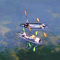 Two-seater Clear Kayak / Transparent boat / Clear Canoe / See through Kayak with aluminum frame, foam seat and white paddle.