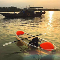 Two-seater Clear Kayak / Transparent boat / Clear Canoe / See through Kayak with aluminum frame, foam seat and white paddle.