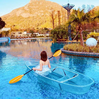 Two-seater Clear Kayak / Transparent boat / Clear Canoe / See through Kayak with aluminum frame, foam seat and white paddle.