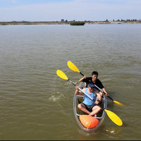 Two-seater Clear Kayak / Transparent boat / Clear Canoe / See through Kayak with aluminum frame, foam seat and white paddle.