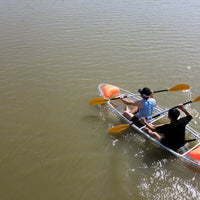 Two-seater Clear Kayak / Transparent boat / Clear Canoe / See through Kayak with aluminum frame, foam seat and white paddle.
