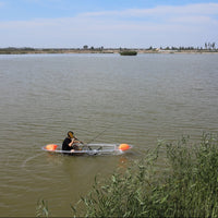 Two-seater Clear Kayak / Transparent boat / Clear Canoe / See through Kayak with aluminum frame, foam seat and white paddle.