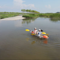 Two-seater Clear Kayak / Transparent boat / Clear Canoe / See through Kayak with aluminum frame, foam seat and white paddle.
