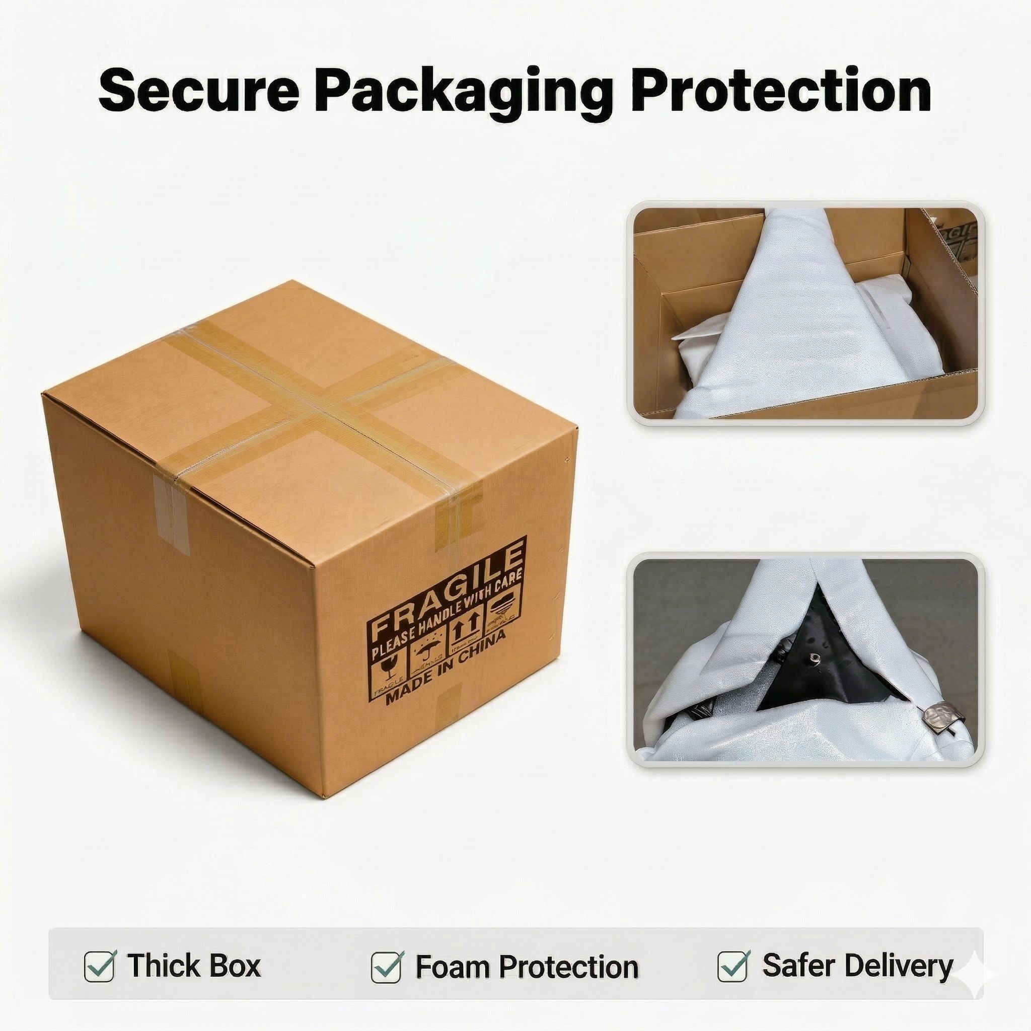 Foam-wrapped fairing panels inside a carton — general packaging illustration